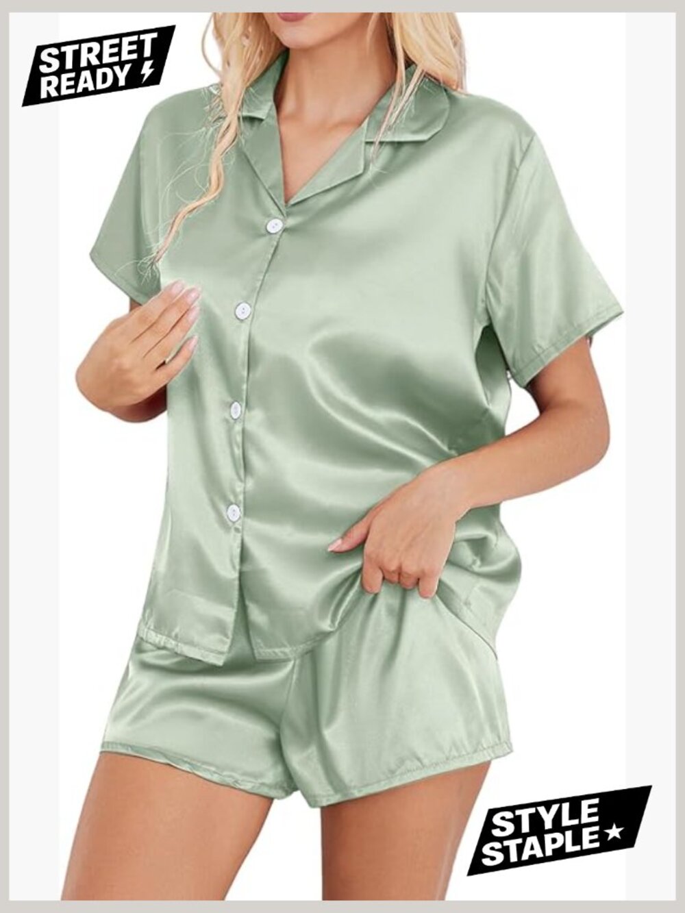 Silky Satin Pajama Set with Shorts Notch Neck Button Top